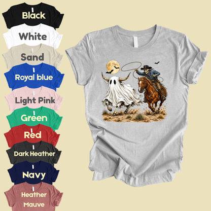 Halloween Skeleton Cowboy Ghost T-Shirt, Western Rodeo Bull Lasso Spooky Tee