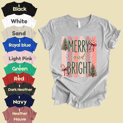 Merry and Bright Comfort Colors T Shirts Cute Christmas Tree Tees Pink Candy Cane Shirt Festive Holiday Winter Graphic Hoodie