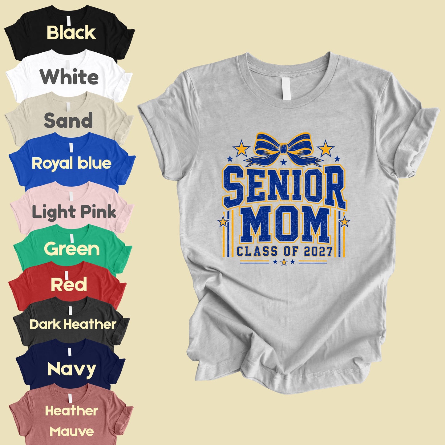 Senior Mom 2027 Royal Blue Yellow Cheer Bow T-Shirt, Varsity Graduation Mother Tee