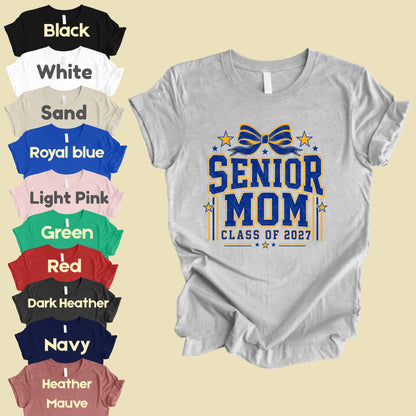 Senior Mom 2027 Royal Blue Yellow Cheer Bow T-Shirt, Varsity Graduation Mother Tee