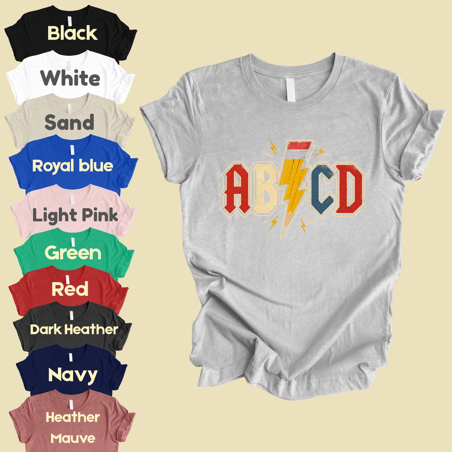 AB CD Lightning Bolt Pencil Teacher T-Shirt, Rock N Roll Back to School Comfort Color Tee
