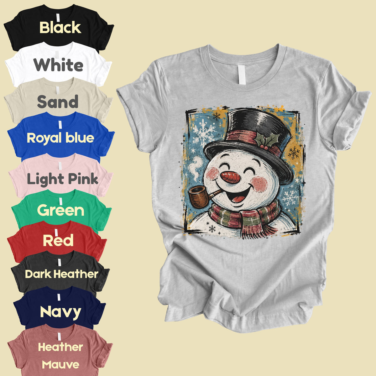 Vintage Snowman Christmas T-Shirt, Top Hat Pipe Snowflakes Scarf Comfort Color Tee