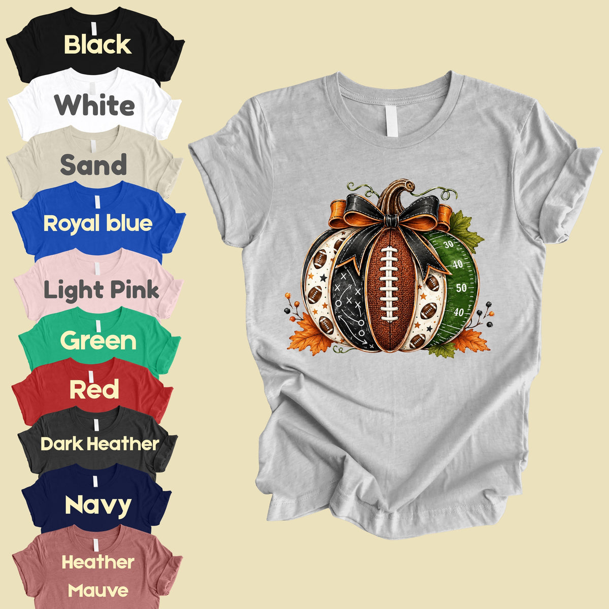 Football Pumpkin Bow Fall T-Shirt, Game Day Football Field Patchwork Autumn Tee
