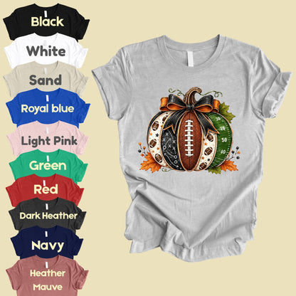 Football Pumpkin Bow Fall T-Shirt, Game Day Football Field Patchwork Autumn Tee