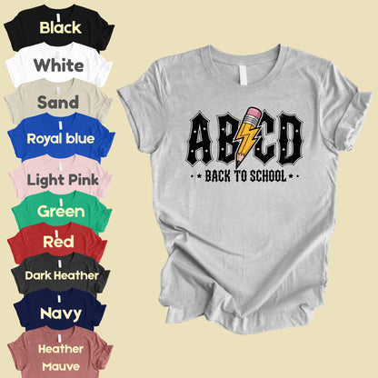 Rock Back to School ABCD Lightning Pencil T-Shirt, Teacher Student Music Tee
