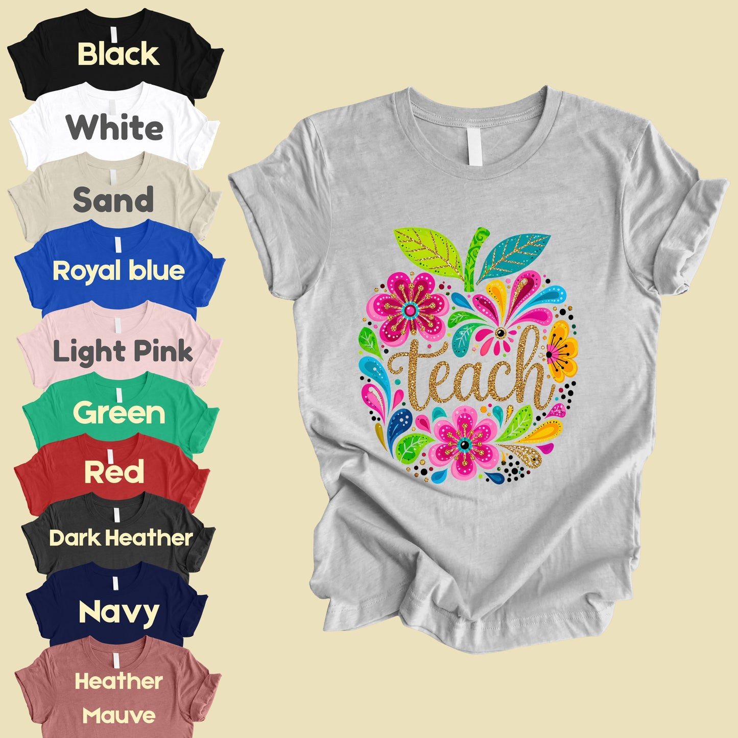 Teacher Teach Floral Apple T-Shirt, Colorful Back to School Teacher Life Tee