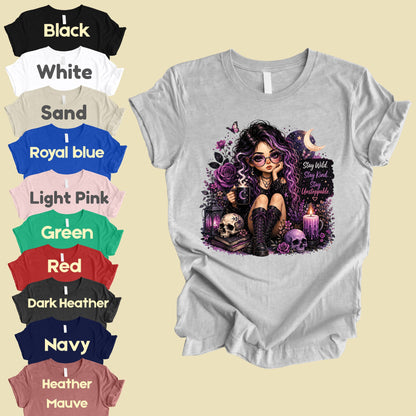 Stay Wild Stay Kind Goth Girl Skull T-Shirt, Purple Crescent Moon Witchy Tee