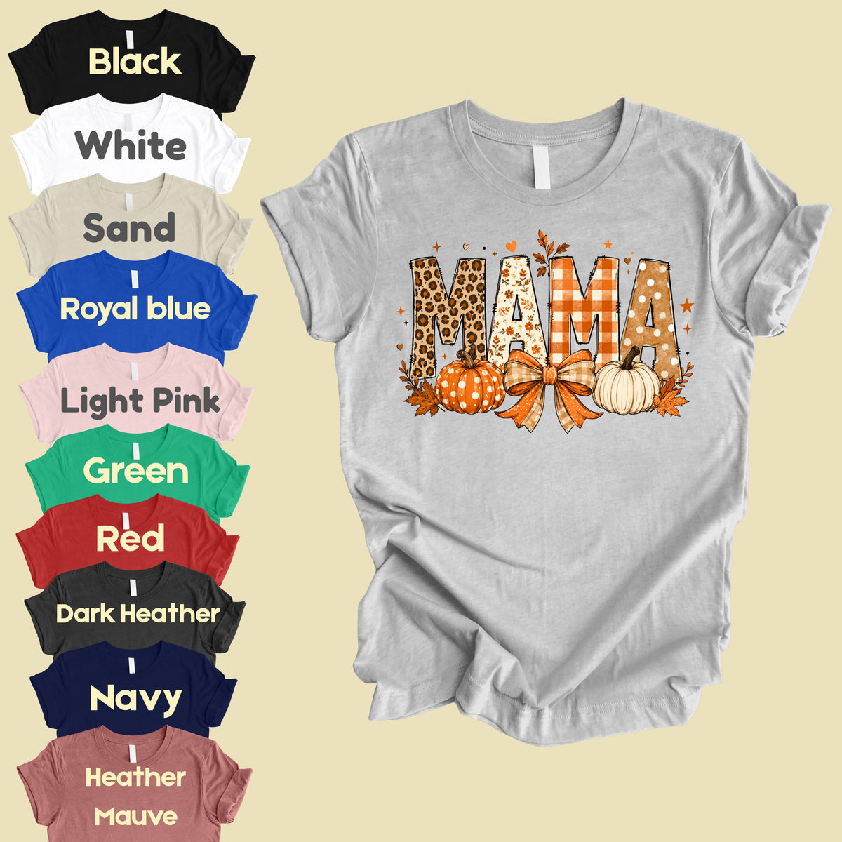 Fall Mama Pumpkin Leopard Plaid T-Shirt, Varsity Letters Autumn Leaves Bow Thanksgiving Mom Tee