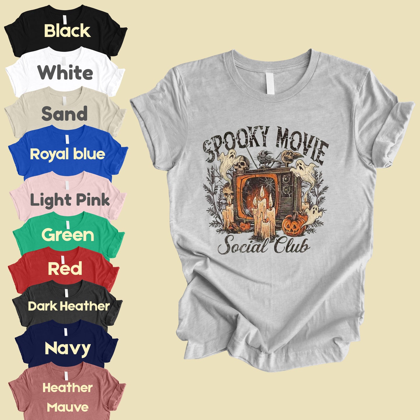 Spooky Movie Social Club Vintage Horror T-Shirt, Ghosts Pumpkin Candles Halloween Tee