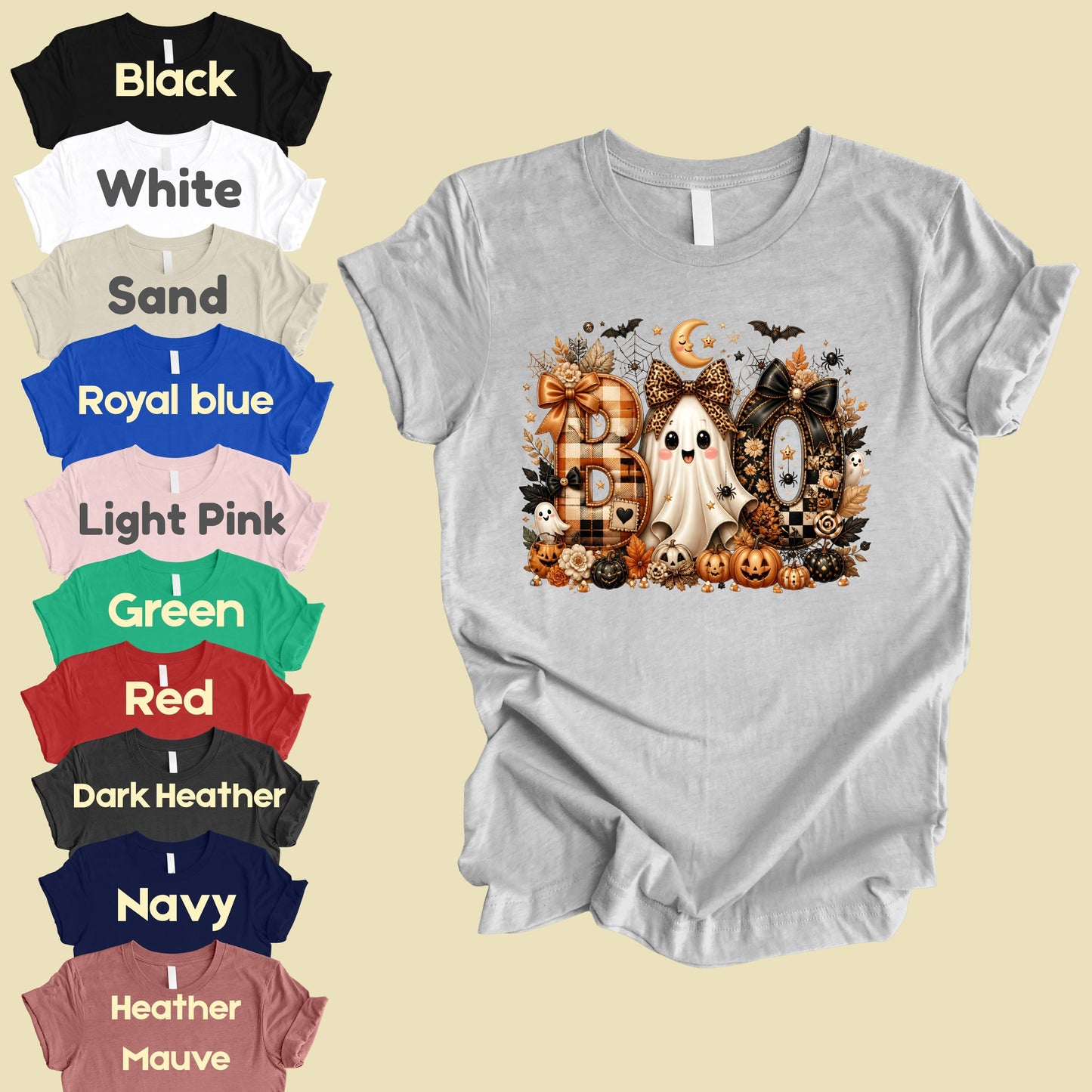 Halloween Boo Ghost T-Shirt, Cute Bows Orange Plaid Leopard Spooky Season Comfort Color Tee
