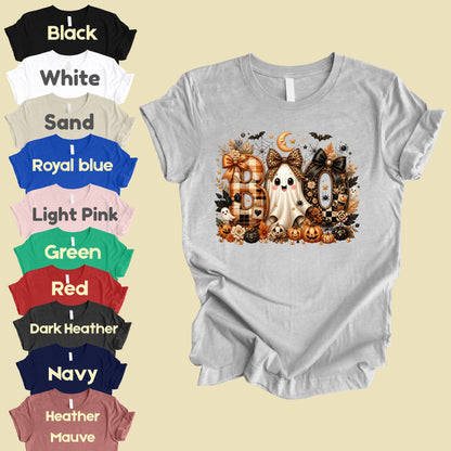 Halloween Boo Ghost T-Shirt, Cute Bows Orange Plaid Leopard Spooky Season Comfort Color Tee
