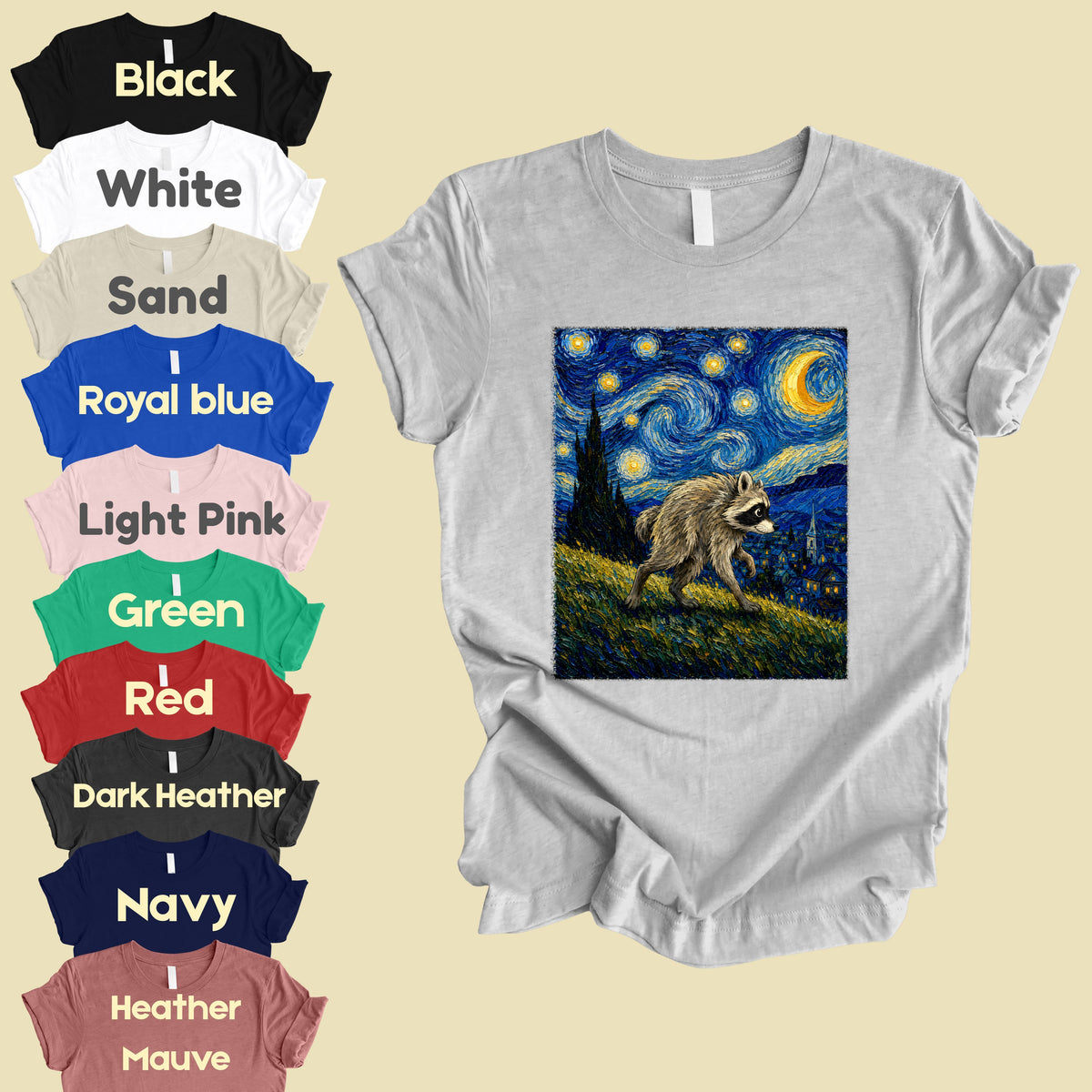 Starry Night Raccoon T-Shirt, Van Gogh Style Oil Painting Funny Wildlife Art Tee