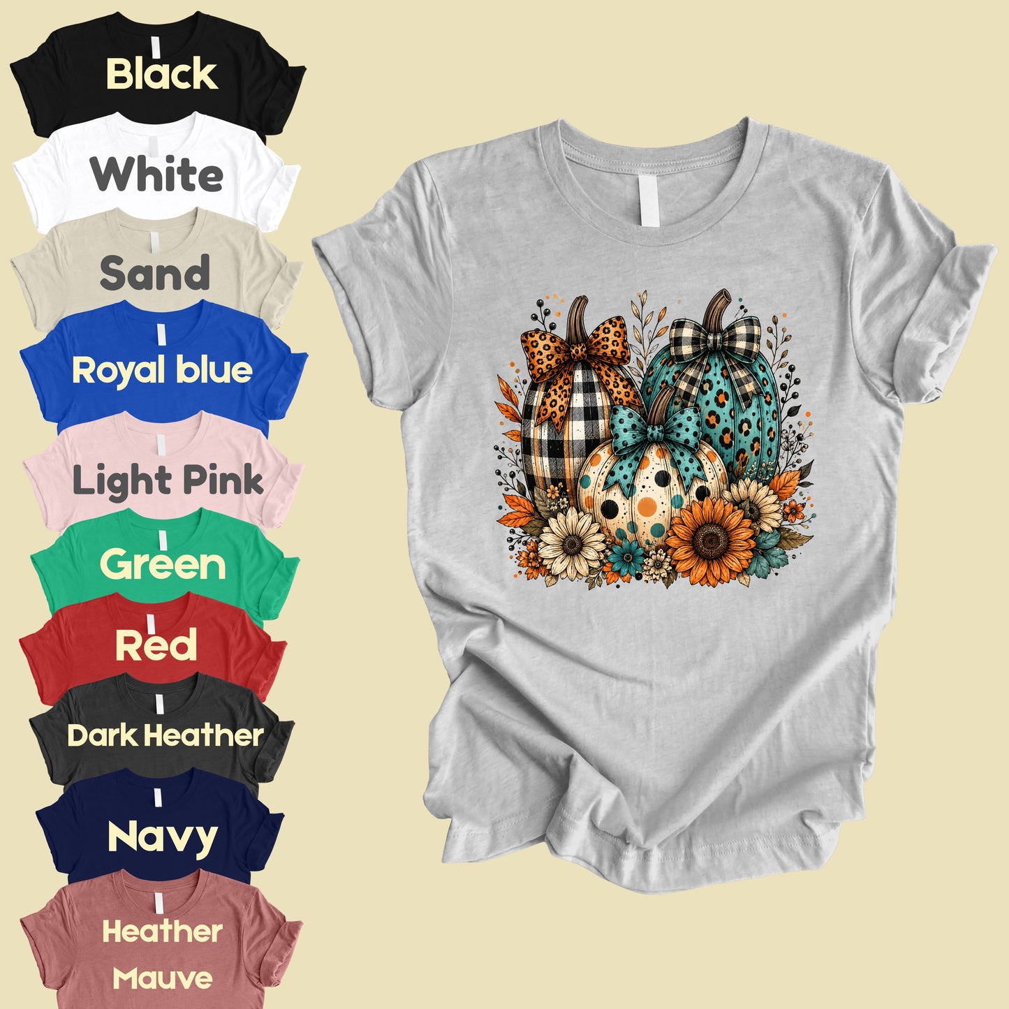 Fall Leopard Plaid Pumpkins T-Shirt, Teal Orange Floral Thanksgiving Tee