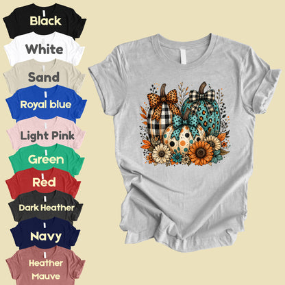Fall Leopard Plaid Pumpkins T-Shirt, Teal Orange Floral Thanksgiving Tee