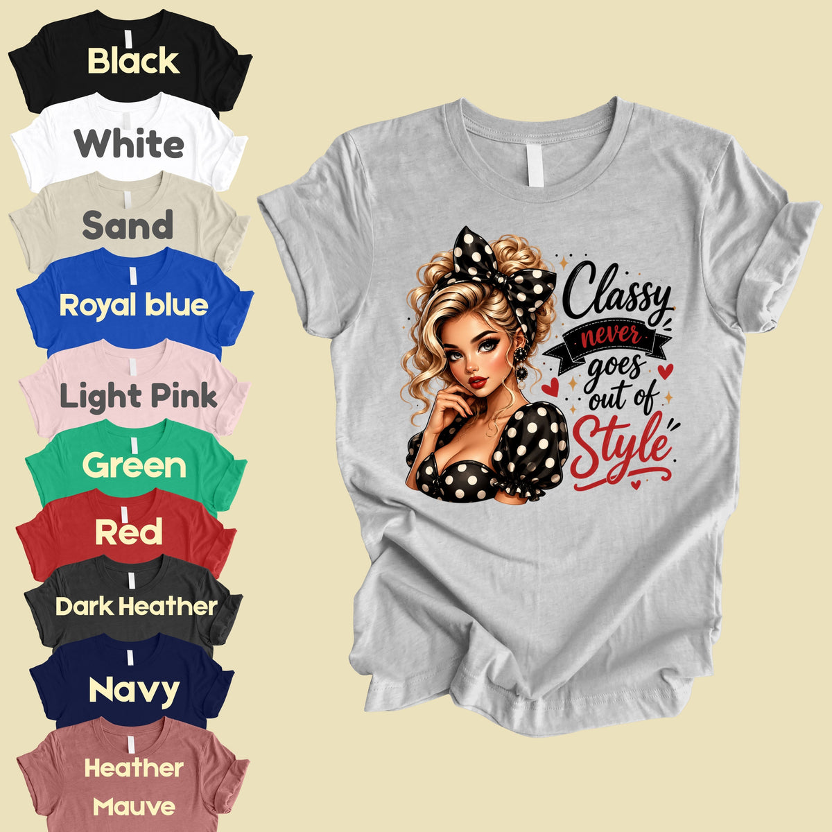 Classy Never Goes Out of Style Pinup Girl T-Shirt, Vintage Polka Dot Bow Tee Sweatshirt