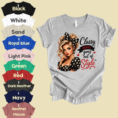 Classy Never Goes Out of Style Pinup Girl T-Shirt, Vintage Polka Dot Bow Tee Sweatshirt