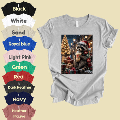 Christmas Raccoon Santa Hat T-Shirt, Coffee Drink Cute Holiday Winter Comfort Color Tee