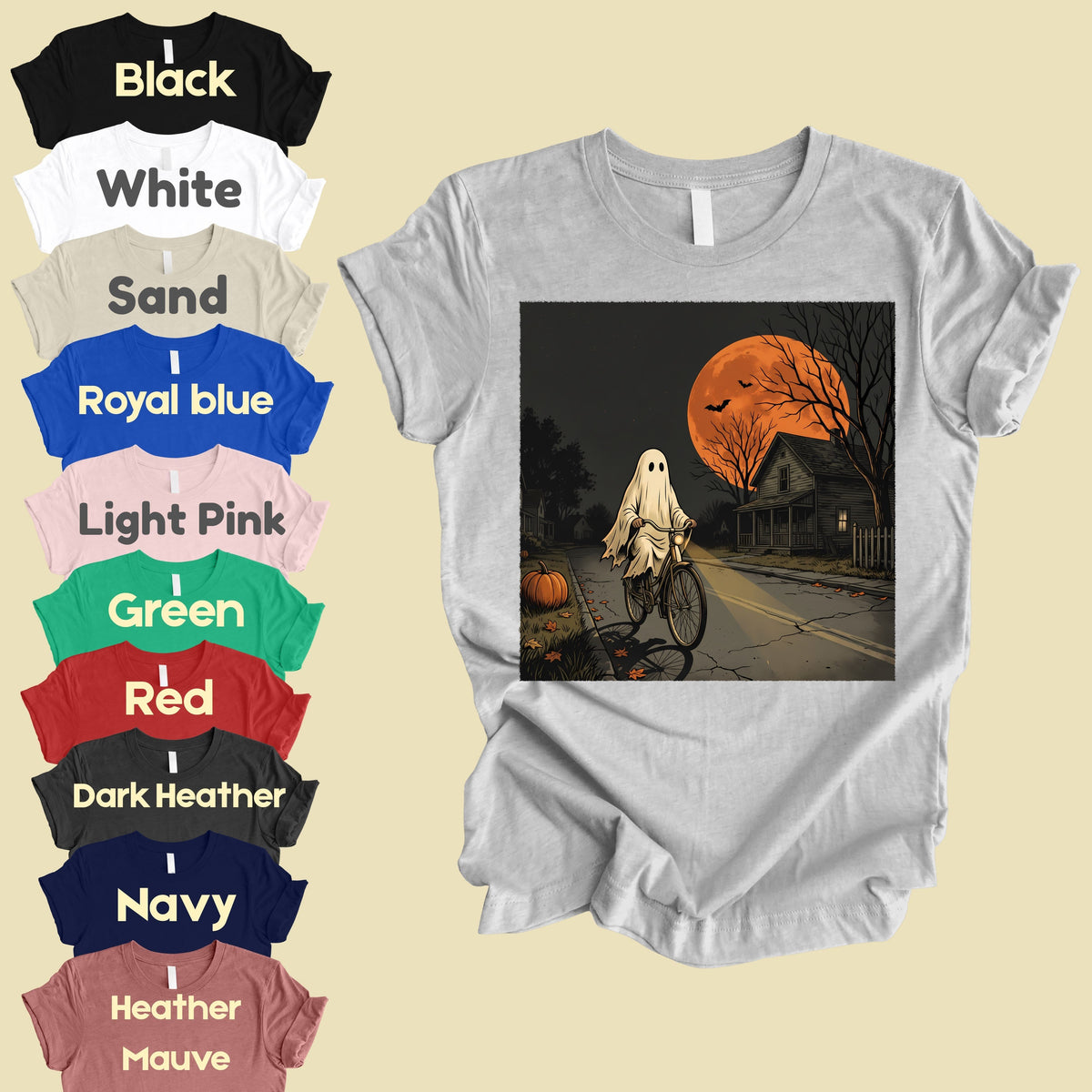 Ghost Riding Bike Halloween T-Shirt, Haunted House Orange Harvest Moon Tee Sweatshirt