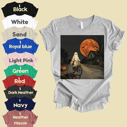 Ghost Riding Bike Halloween T-Shirt, Haunted House Orange Harvest Moon Tee Sweatshirt