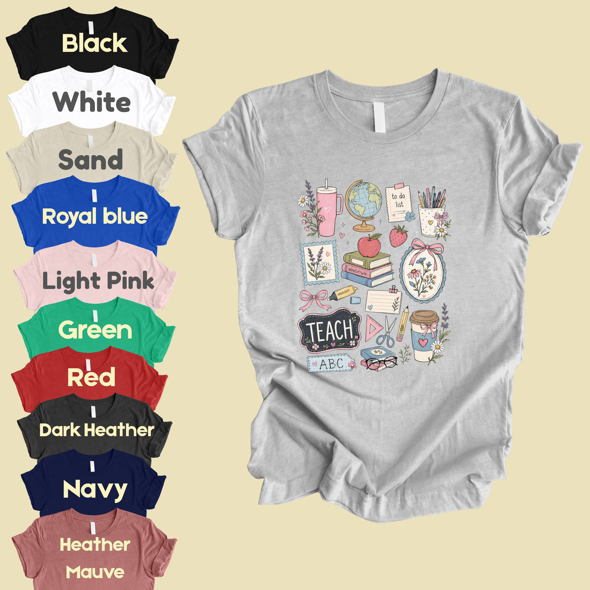 Cute Teacher Supplies Coquette T-Shirt, Books Coffee Globe Pink Bows Back to School Tee