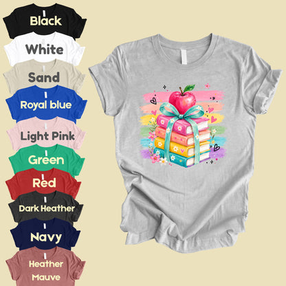 Coquette Stacked Books Teacher T-Shirt, Apple Ribbon Colorful Brushstrokes Comfort Color Tee