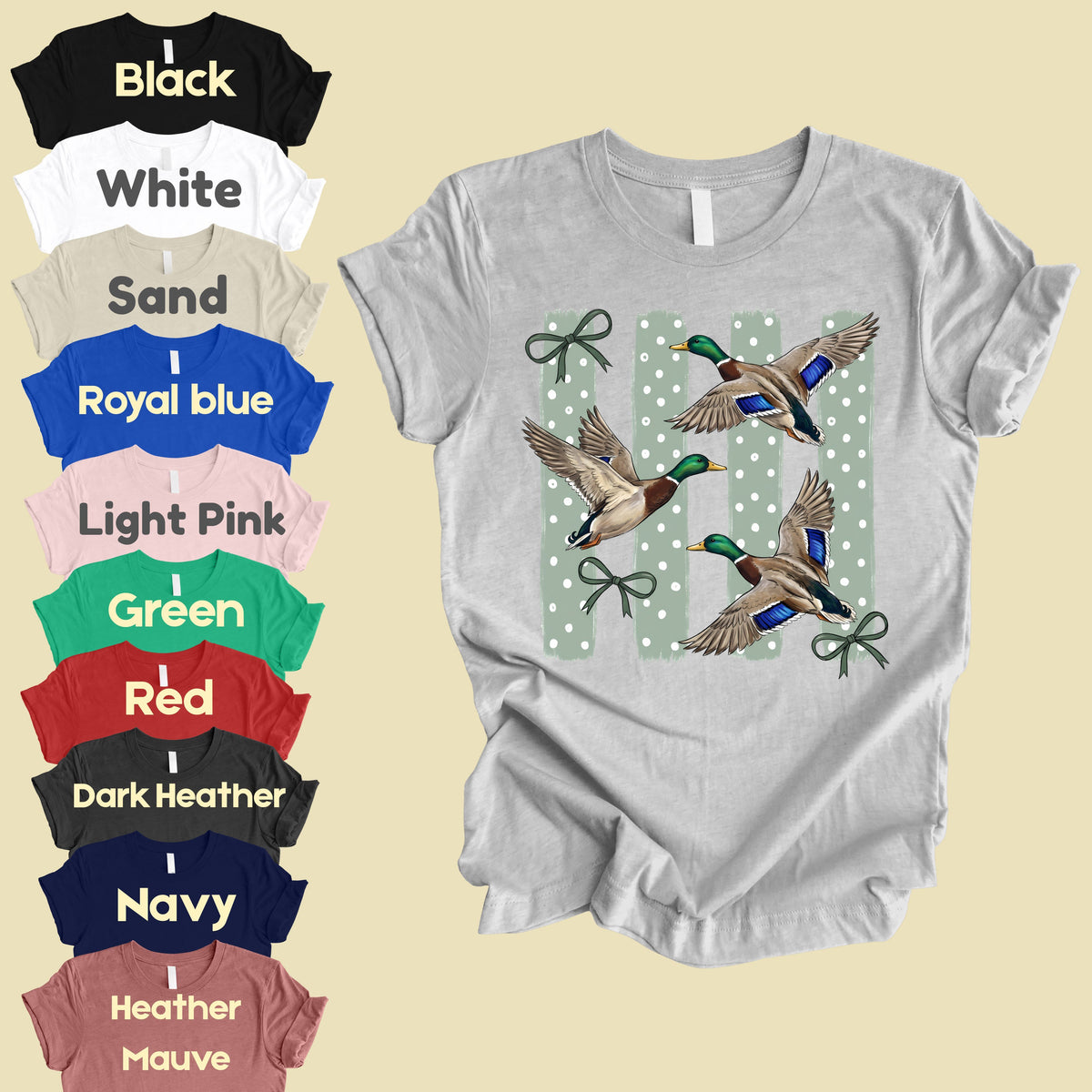 Flying Mallard Ducks Vintage T-Shirt, Green Bows Polka Dot Coquette Hunting Tee