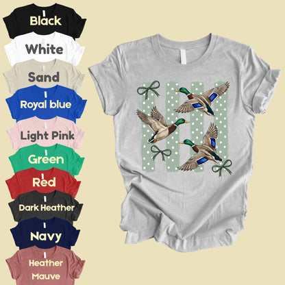 Flying Mallard Ducks Vintage T-Shirt, Green Bows Polka Dot Coquette Hunting Tee