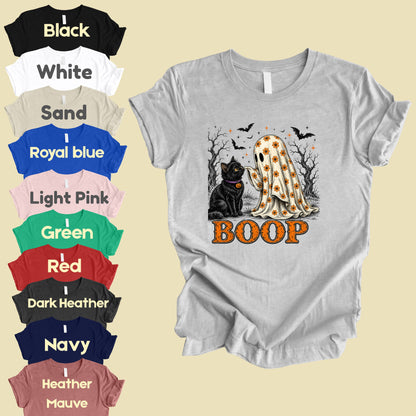 Halloween Cute Ghost Boop Black Cat T-Shirt, Floral Sheet Bats Spooky Season Tee