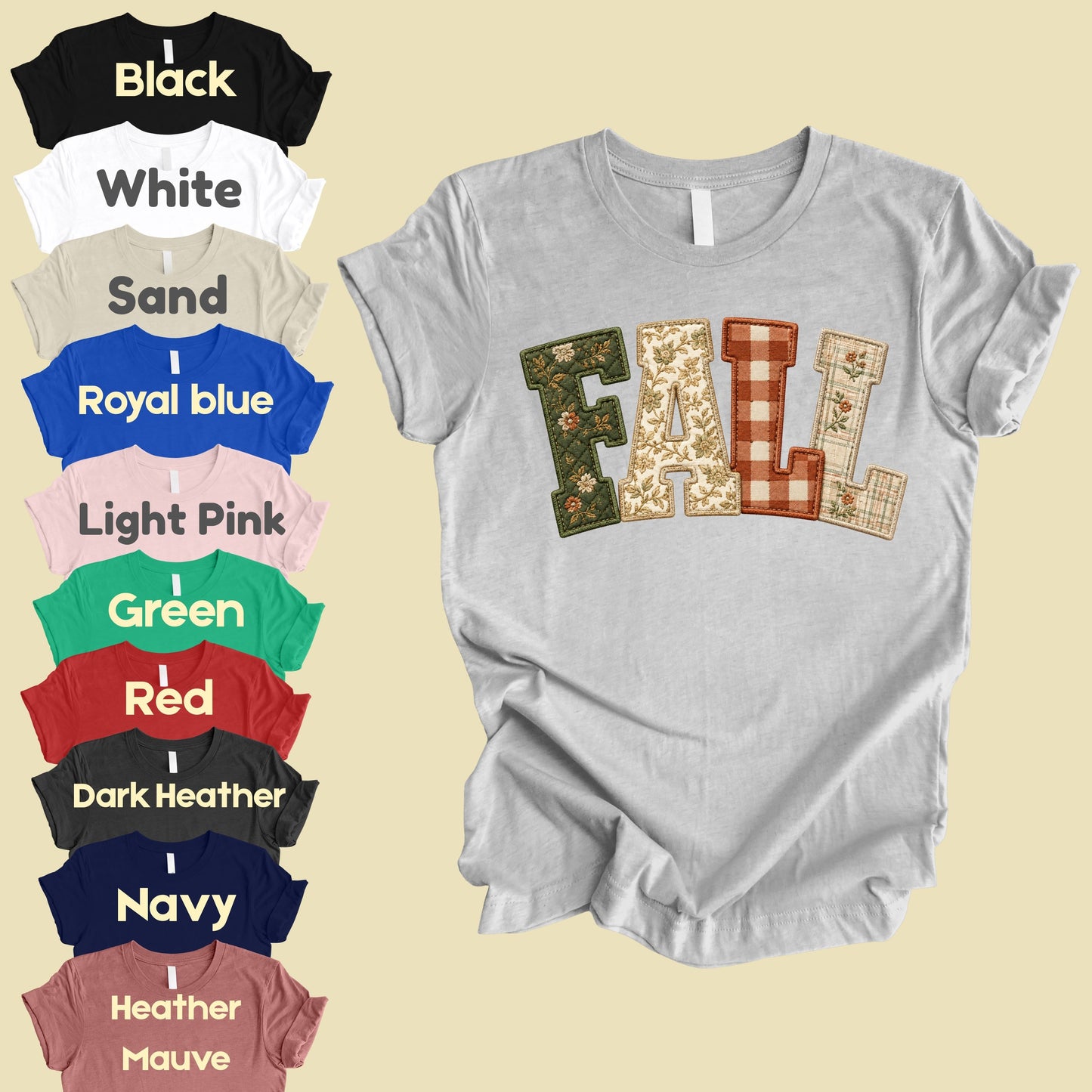 Fall Patchwork Chenille Letters T-Shirt, Quilted Plaid Autumn Thanksgiving Comfort Color Tee