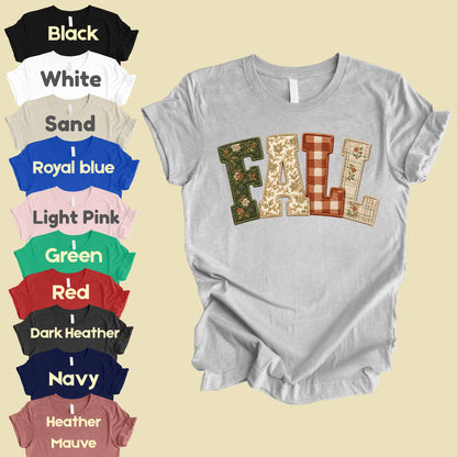 Fall Patchwork Chenille Letters T-Shirt, Quilted Plaid Autumn Thanksgiving Comfort Color Tee