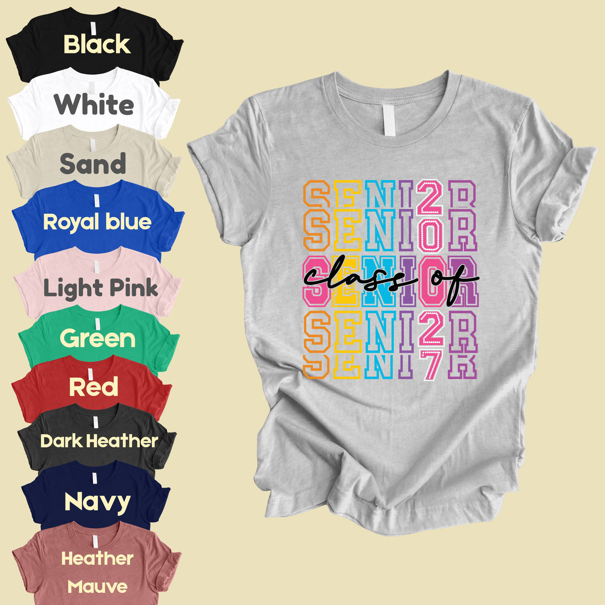 Senior Class of 2027 Colorful Retro T-Shirt, Stacked Varsity Letters Pastel Graduation Tee