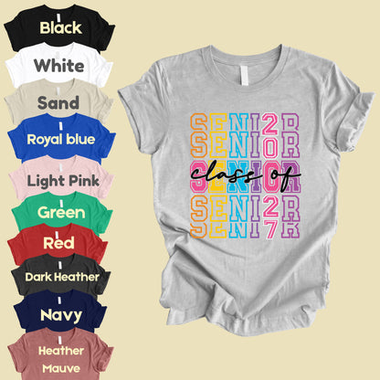 Senior Class of 2027 Colorful Retro T-Shirt, Stacked Varsity Letters Pastel Graduation Tee
