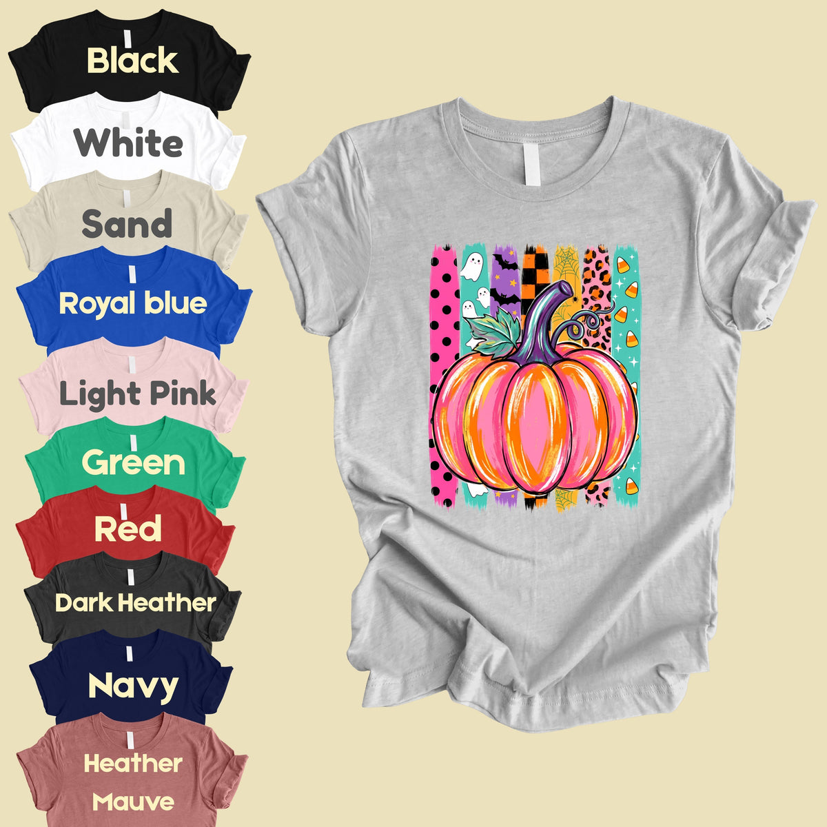 Halloween Pumpkin Brush Strokes Leopard Ghosts Candy Corn T-Shirt, Spooky Season Tee