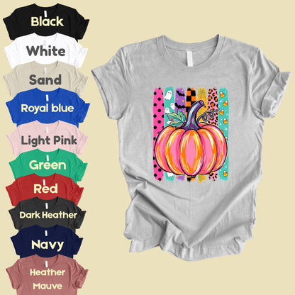 Halloween Pumpkin Brush Strokes Leopard Ghosts Candy Corn T-Shirt, Spooky Season Tee