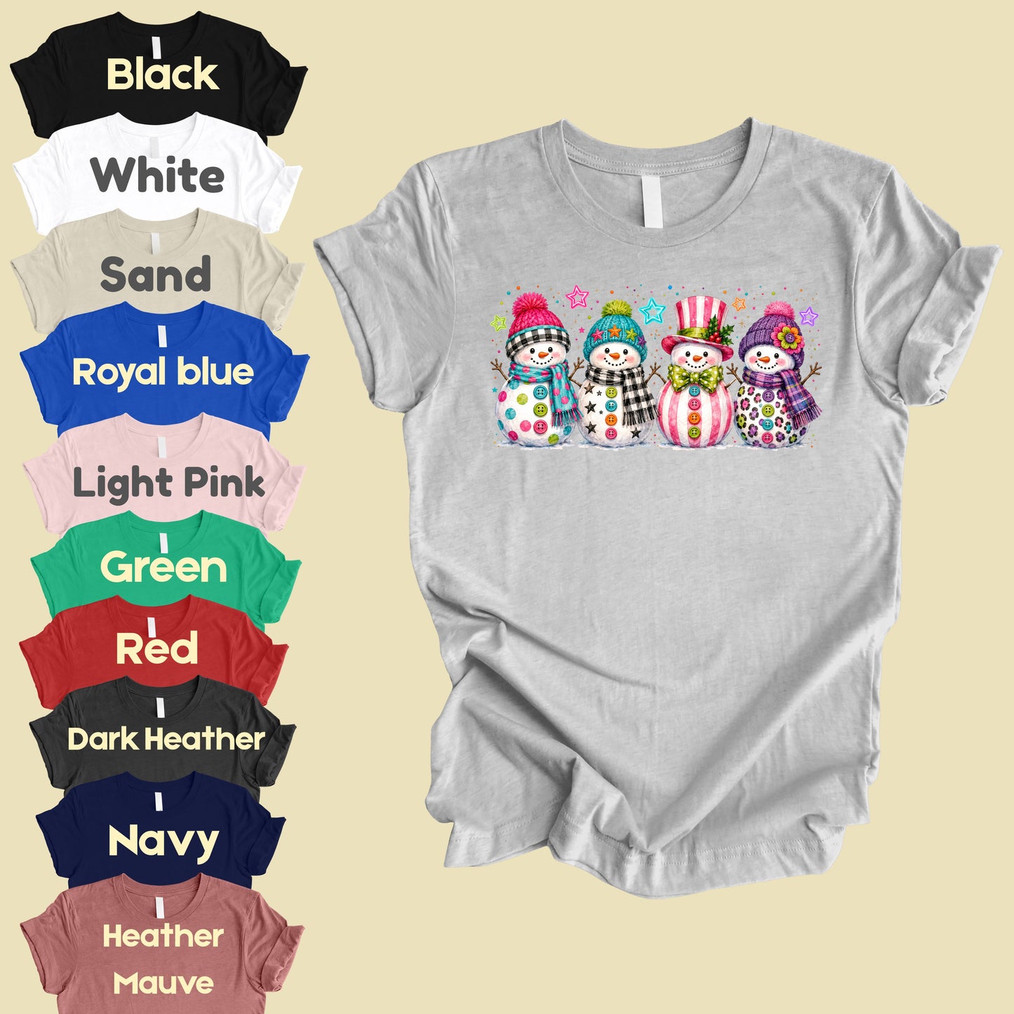 Christmas Colorful Snowmen T-Shirt, Cute Winter Snowman Beanies Scarves Holiday Tee