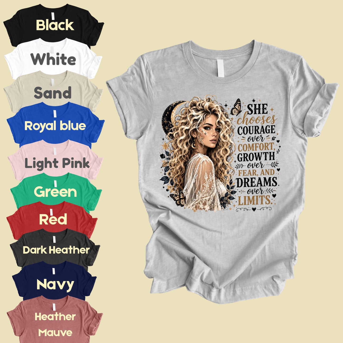 She Chooses Courage Inspirational T-Shirt, Blonde Woman Butterfly Crescent Moon Tee Sweatshirt