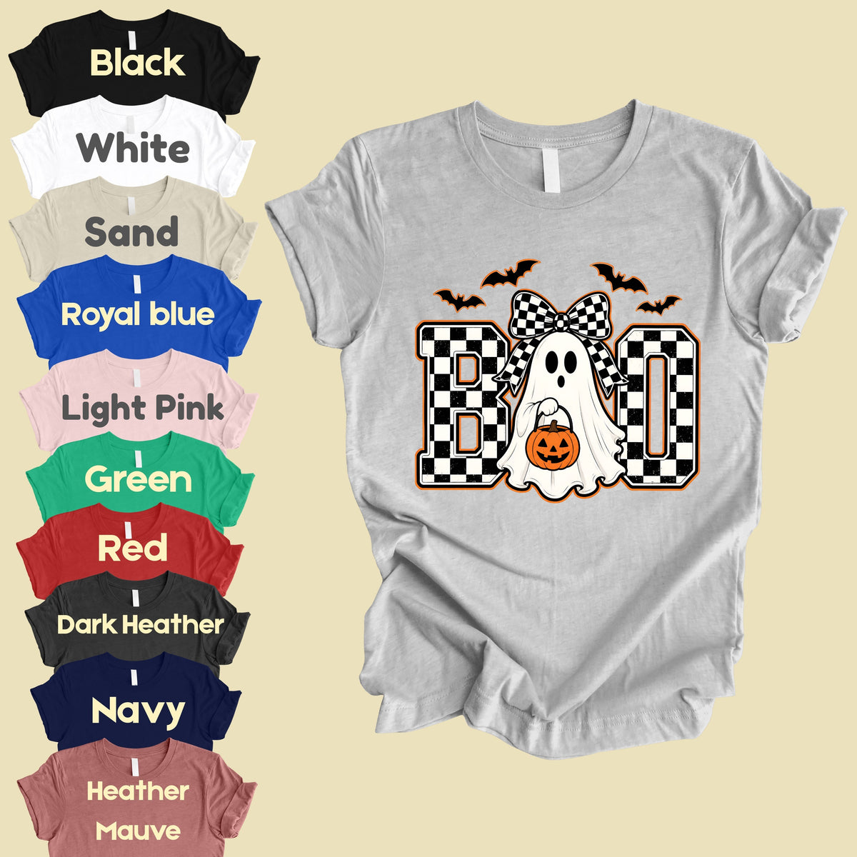 Boo Checkered Bow Ghost Halloween T-Shirt, Pumpkin Bucket Bats Retro Tee Sweatshirt