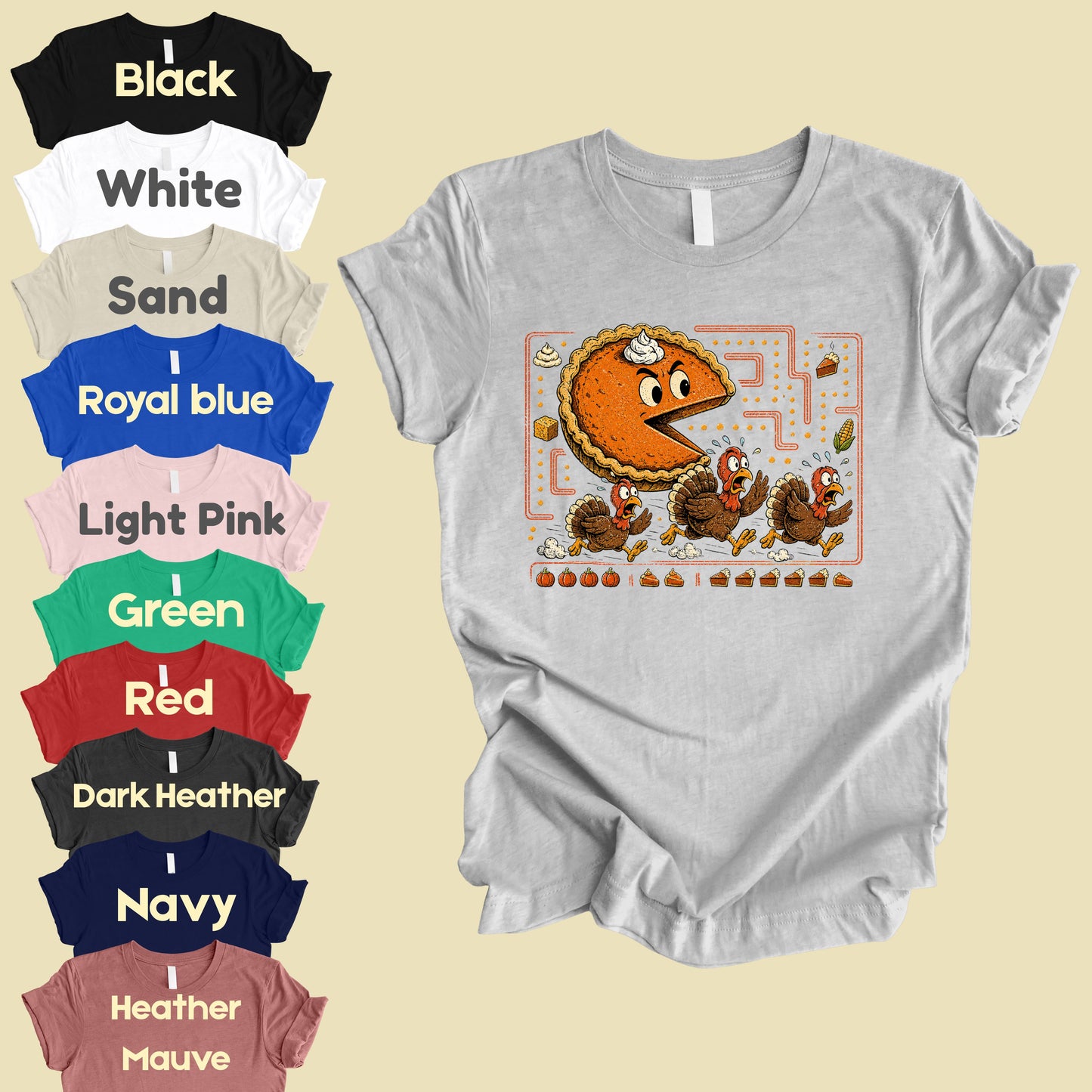 Funny Thanksgiving Pacman Pumpkin Pie T-Shirt, Chasing Turkeys Maze Video Game Tee