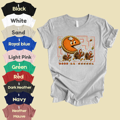 Funny Thanksgiving Pacman Pumpkin Pie T-Shirt, Chasing Turkeys Maze Video Game Tee