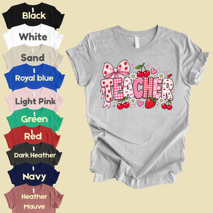 Teacher Coquette Pink T-Shirt, Strawberries Cherries Bow School Educator Tee