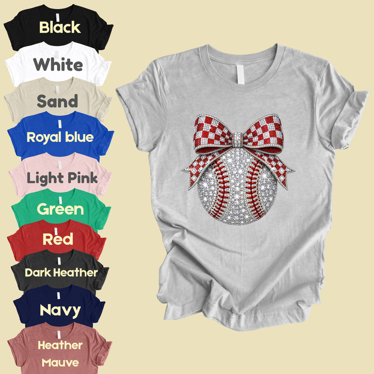 Coquette Baseball Sparkle T-Shirt, Red Checkered Bow Sports Mom Girl Tee