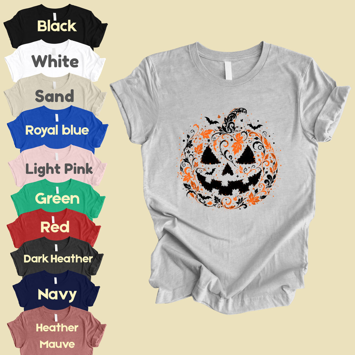Halloween Pumpkin Face Floral Swirl Gothic T-Shirt, Intricate Spooky Pumpkin Tee