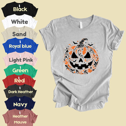 Halloween Pumpkin Face Floral Swirl Gothic T-Shirt, Intricate Spooky Pumpkin Tee