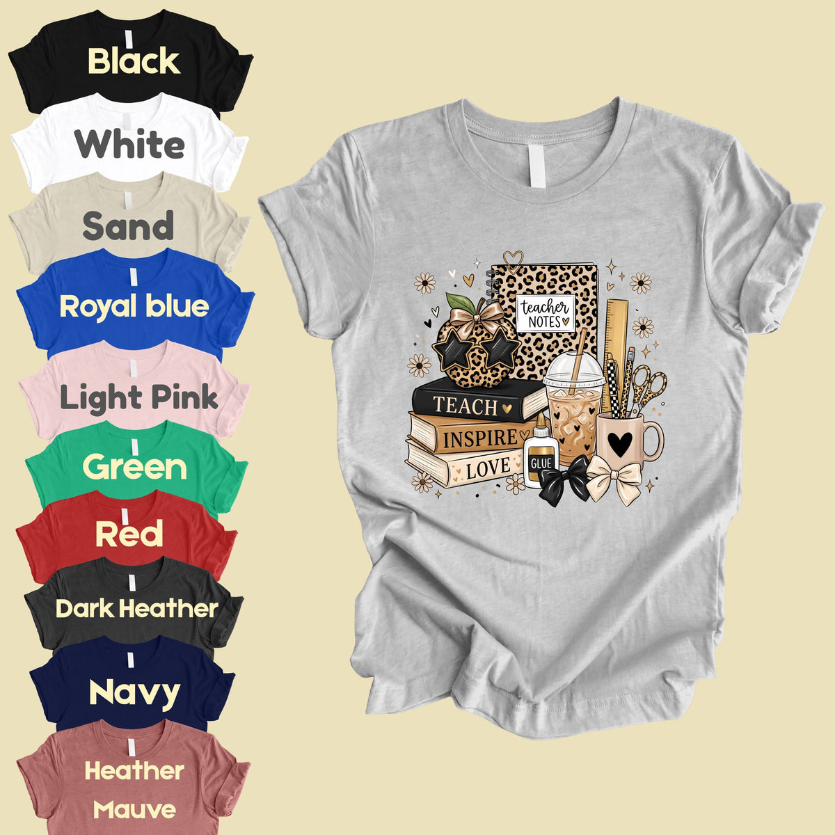 Teach Inspire Love Leopard Teacher T-Shirt, Notebook Coffee Iced Drink Comfort Color Tee