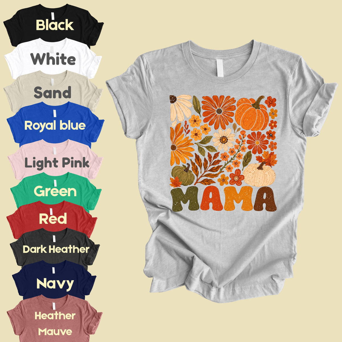Mama Fall Floral Pumpkins T-Shirt, Retro Groovy Autumn Flowers Thanksgiving Comfort Color Tee
