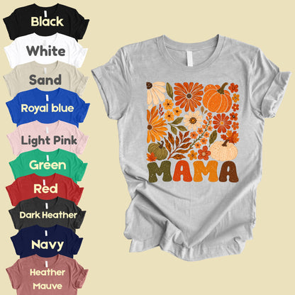 Mama Fall Floral Pumpkins T-Shirt, Retro Groovy Autumn Flowers Thanksgiving Comfort Color Tee