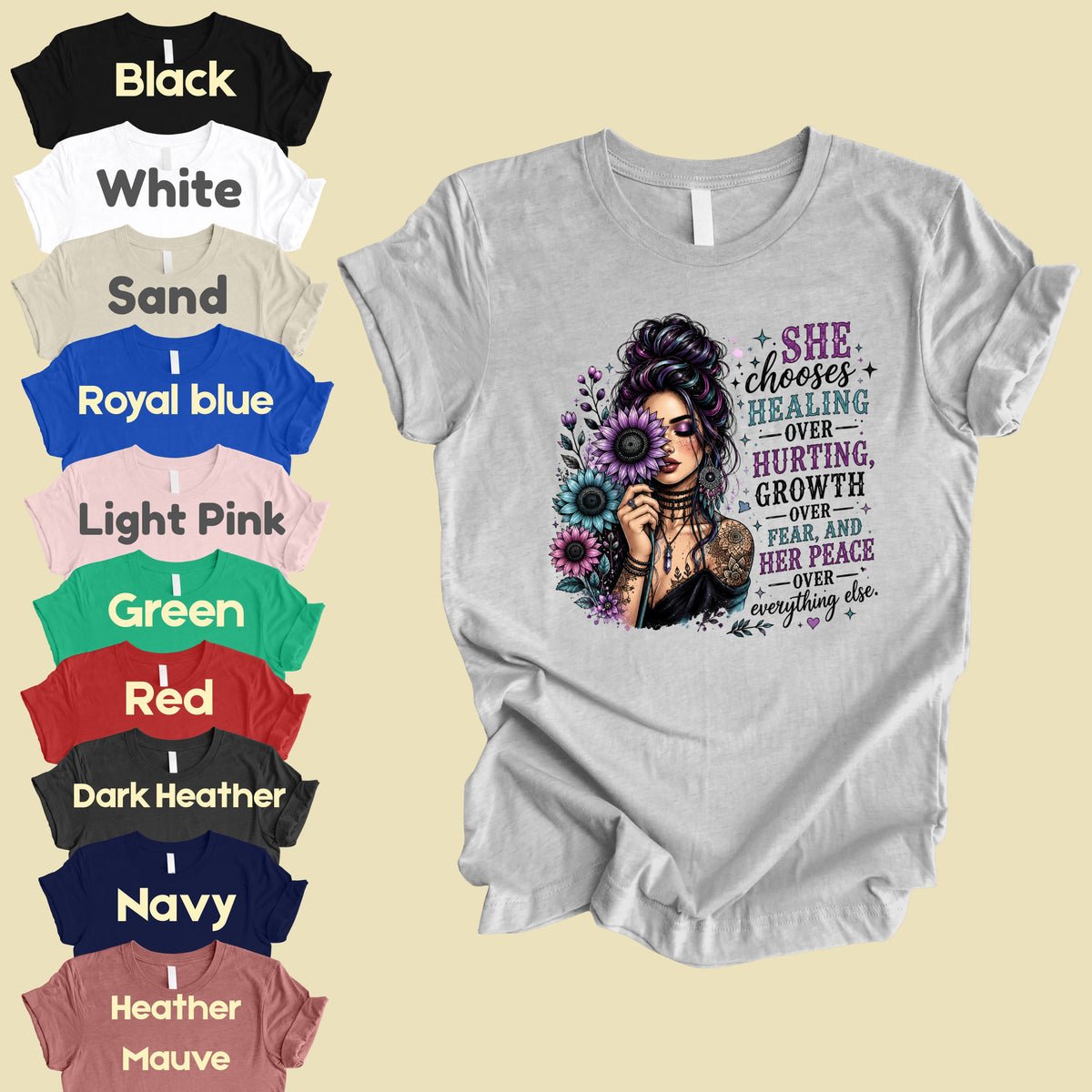 Inspirational Healing Woman She Chooses Healing Over Hurting T-Shirt, Floral Messy Bun Sunflower Tee