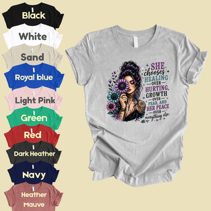 Inspirational Healing Woman She Chooses Healing Over Hurting T-Shirt, Floral Messy Bun Sunflower Tee