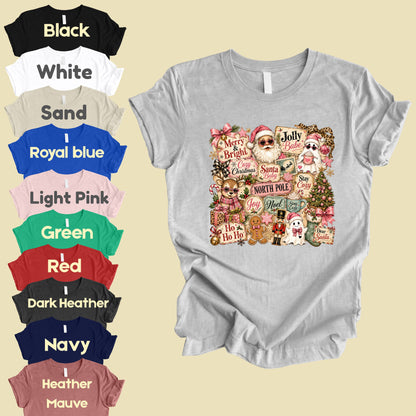 Cozy Pink Christmas Collage T-Shirt, Santa Reindeer Gingerbread Nutcracker North Pole Holiday Tee