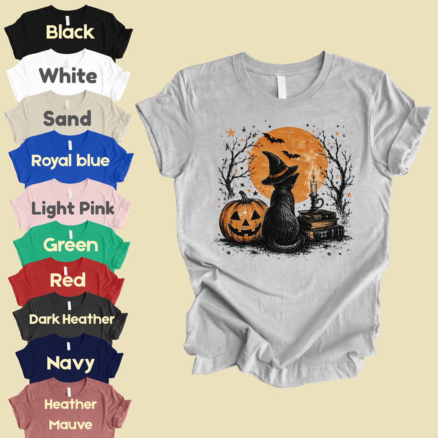 Halloween Black Cat Witch T-Shirt, Full Moon Pumpkin Spooky Vintage Books Magic Tee